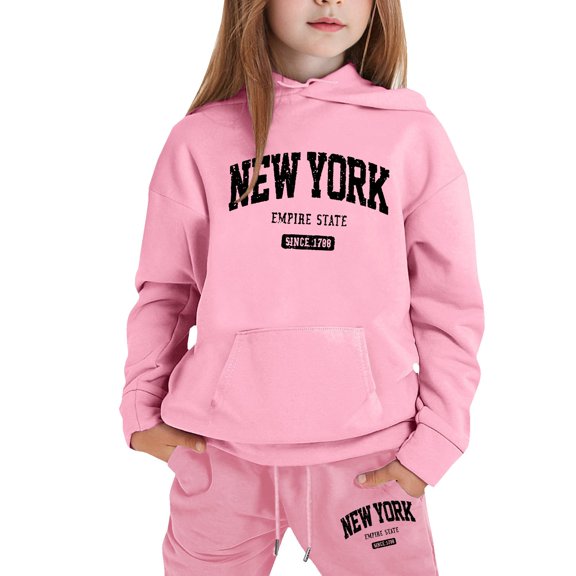 lnmuld Two Piece Outfits Stylish Girls Winter Outfits Set Printed Hooded Sweatshirt Ensemble Casual Wear with Easy Care Instructions Solid Color Size:8-9 Years