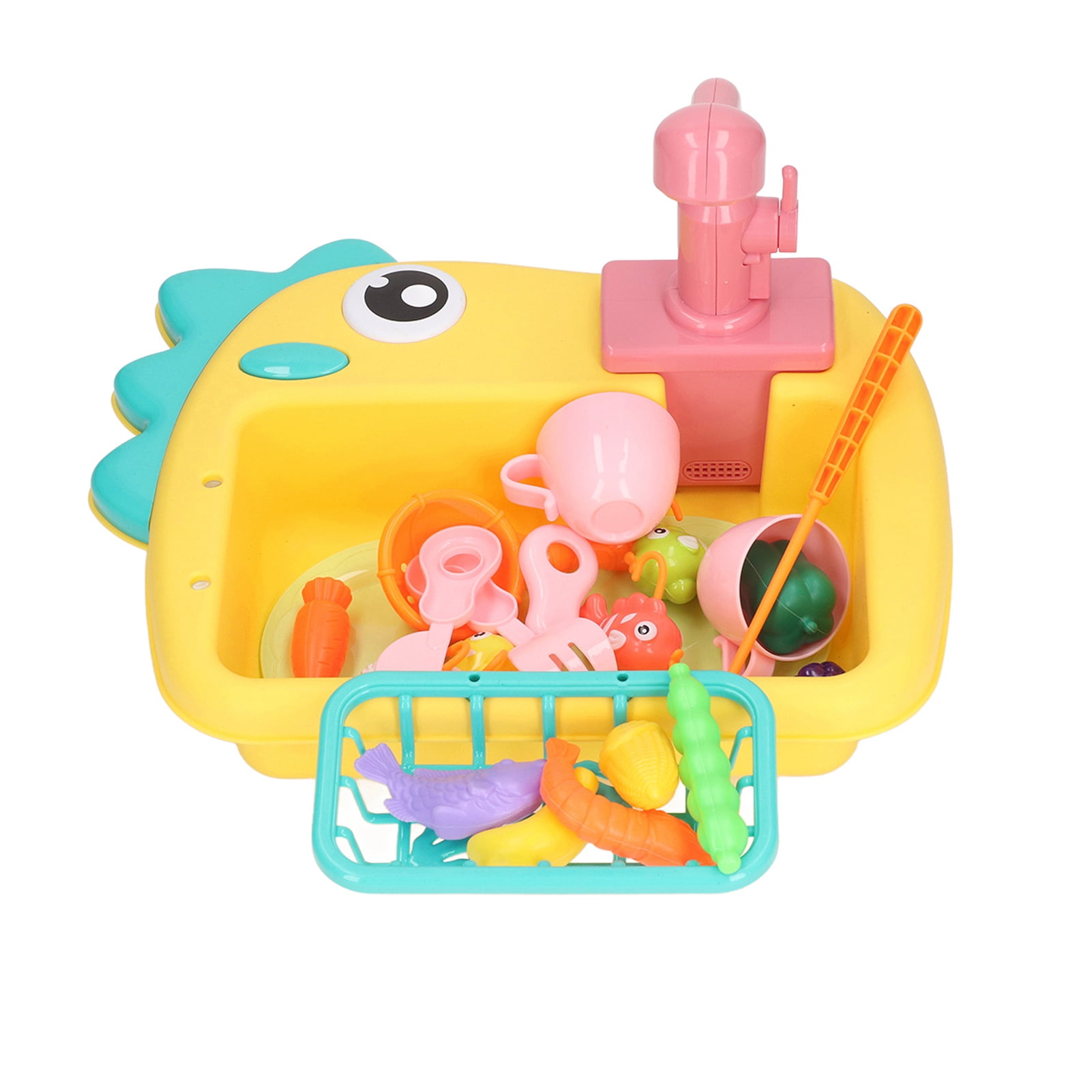 Play Kitchen Sink Toys, Fishing Game Automatic Faucets Circulation System Running Water Dishwasher Playing Toys Set   For Home Yellow