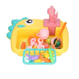 Play Kitchen Sink Toys, Fishing Game Automatic Faucets Circulation System Running Water Dishwasher Playing Toys Set   For Home Yellow
