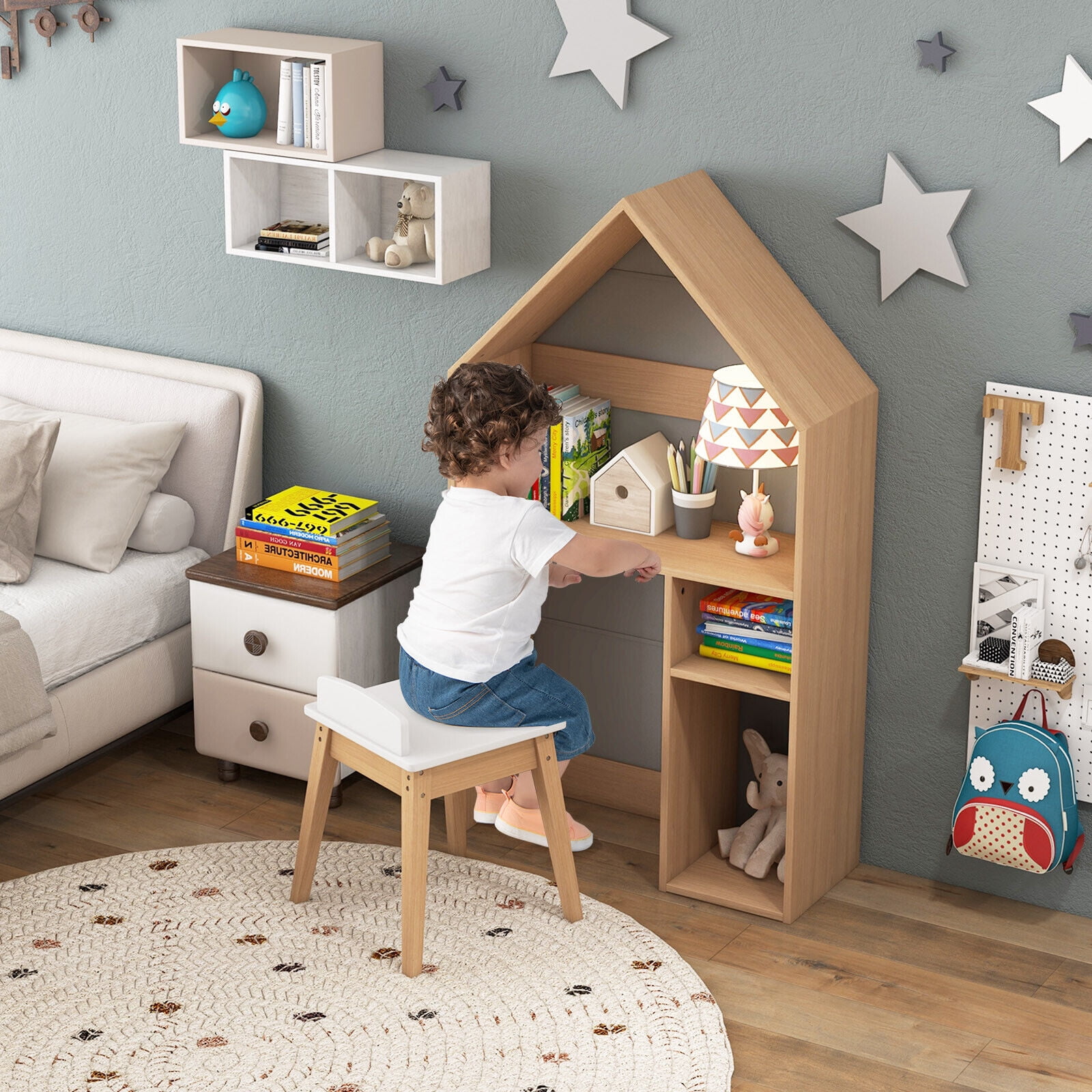 Amijoy Kids House-Shaped Table and Chair Set, 2-in-1 Kid’s Toy Organizer Cabinet with Ample Storage & Extra Blackboard