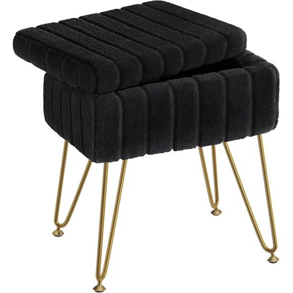Vanity Stool Chair Faux Fur with Storage, 15.7"L x 11.8"W x 19.4"H Soft Ottoman 4 Metal Legs with Anti-Slip Feet, Furry Padded Seat, Modern Multifunctional Chairs for Makeup, Bedroom