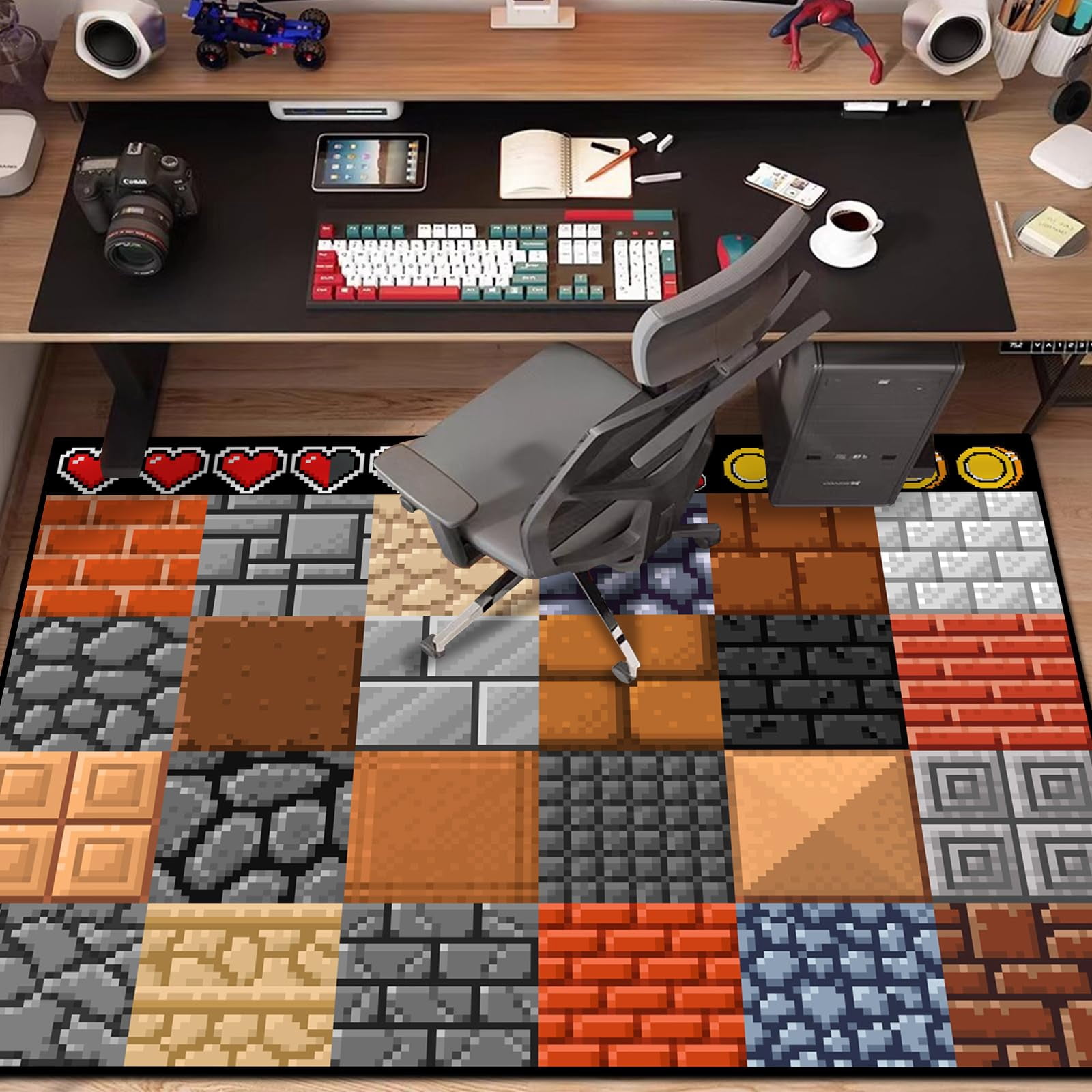 Game Rug Teen Boys Carpet with Wall Pixel Game Element Decoration, 8 Bit Old Game Rugs for Boy’s Bedroom Living Room Playroom, Non-Slip Children Gaming Area Rugs (79" x 59")