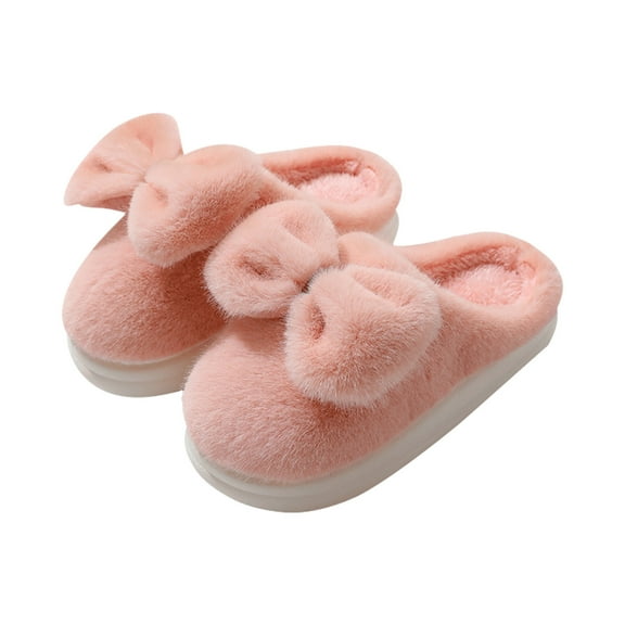 Adult Cute Plush Slippers for Women Fluffy Bow House Slippers Soft Warm Winter Indoor Slipper Comfy Kawaii Slippers
