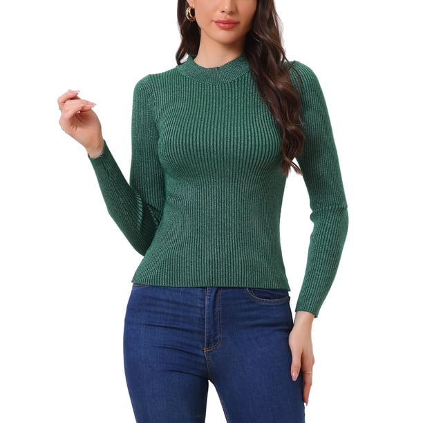 Suéter de cuello alto para mujer INSPIRE CHIC, de manga larga, tejido acanalado, suéter pulóver, talla S, verde oscuro