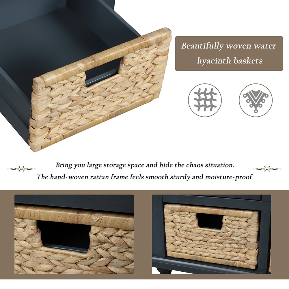 Lowestbest Shoe Bench with Removable Cushion, Rustic Storage Bench with 3 Drawers and 3 Rattan Baskets (Navy) Lowestbest Shoe Bench with Removable Cushion, Rustic Storage Bench with 3 Drawers and 3 Rattan Baskets (Navy)