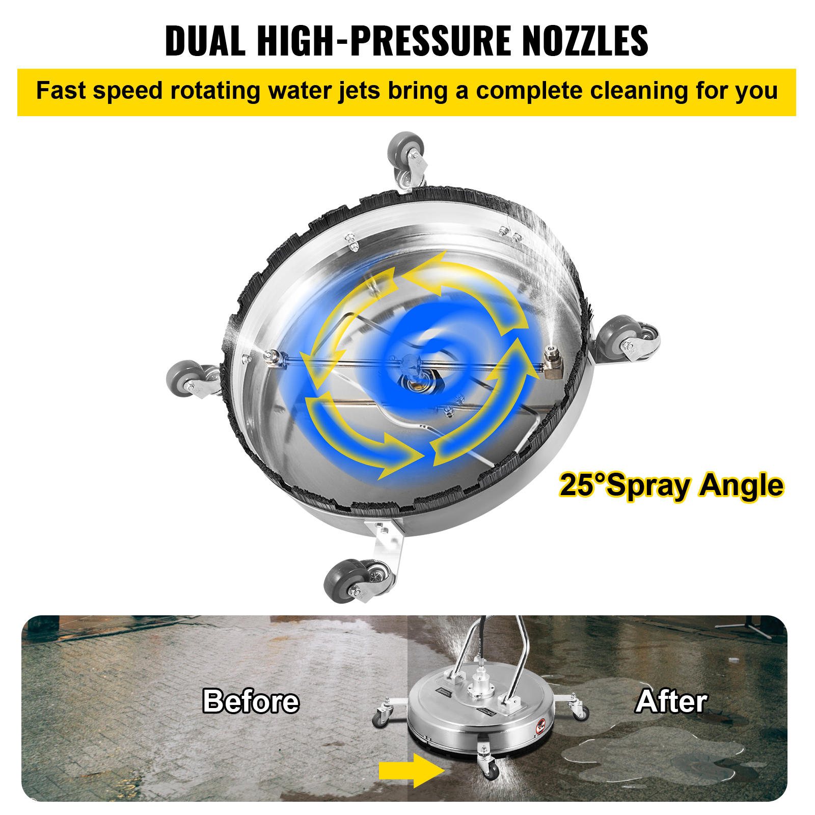 BENTISM 2 Nozzles 20" Pressure Washer Surface Cleaner , Max. 4000 PSI Pressure, for Cleaning Driveways, Stainless Steel Frame w/ Rotating Dual Handle, Wheels, Fit for 3/8" Quick Connector