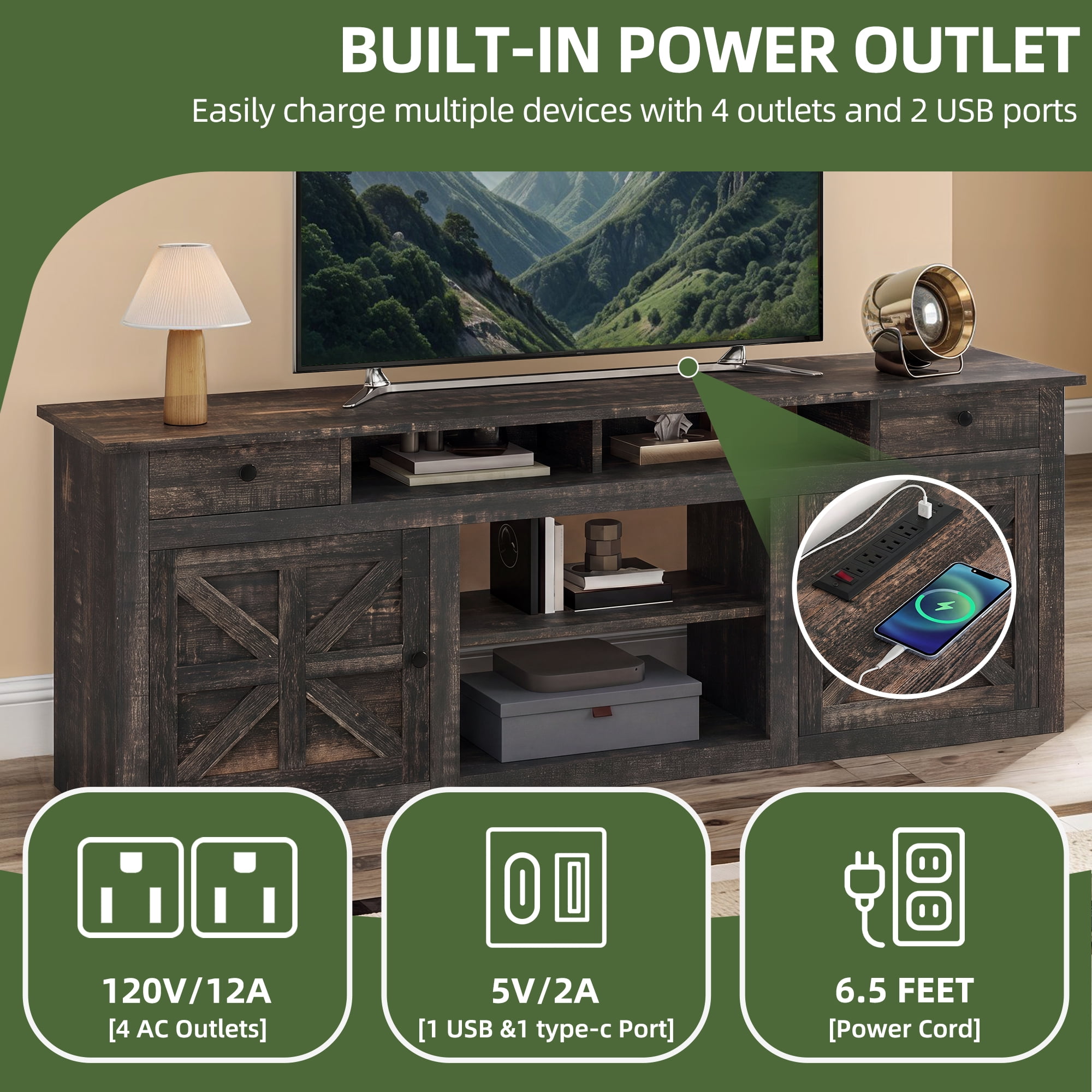 Uforic 70 Inch Dark Rustic Oak Farmhouse TV Stand, Entertainment Center with Power Outlet, Suitable for TVs Up to 80 Inches, TV Console with Storage Drawer and Adjustable Partition