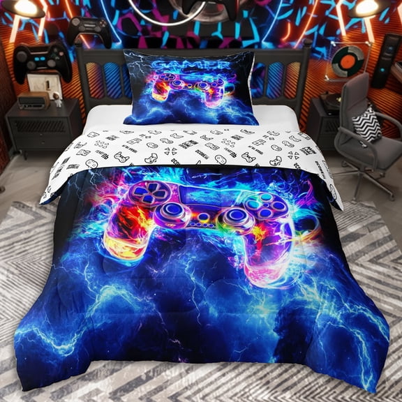 Erosebridal Kids Lightning Flame Video Game Twin Comforter Sets 3-Piece,Teens Boys Game Controller Gamepads Bedding Set,Luxury Bedroom Decor