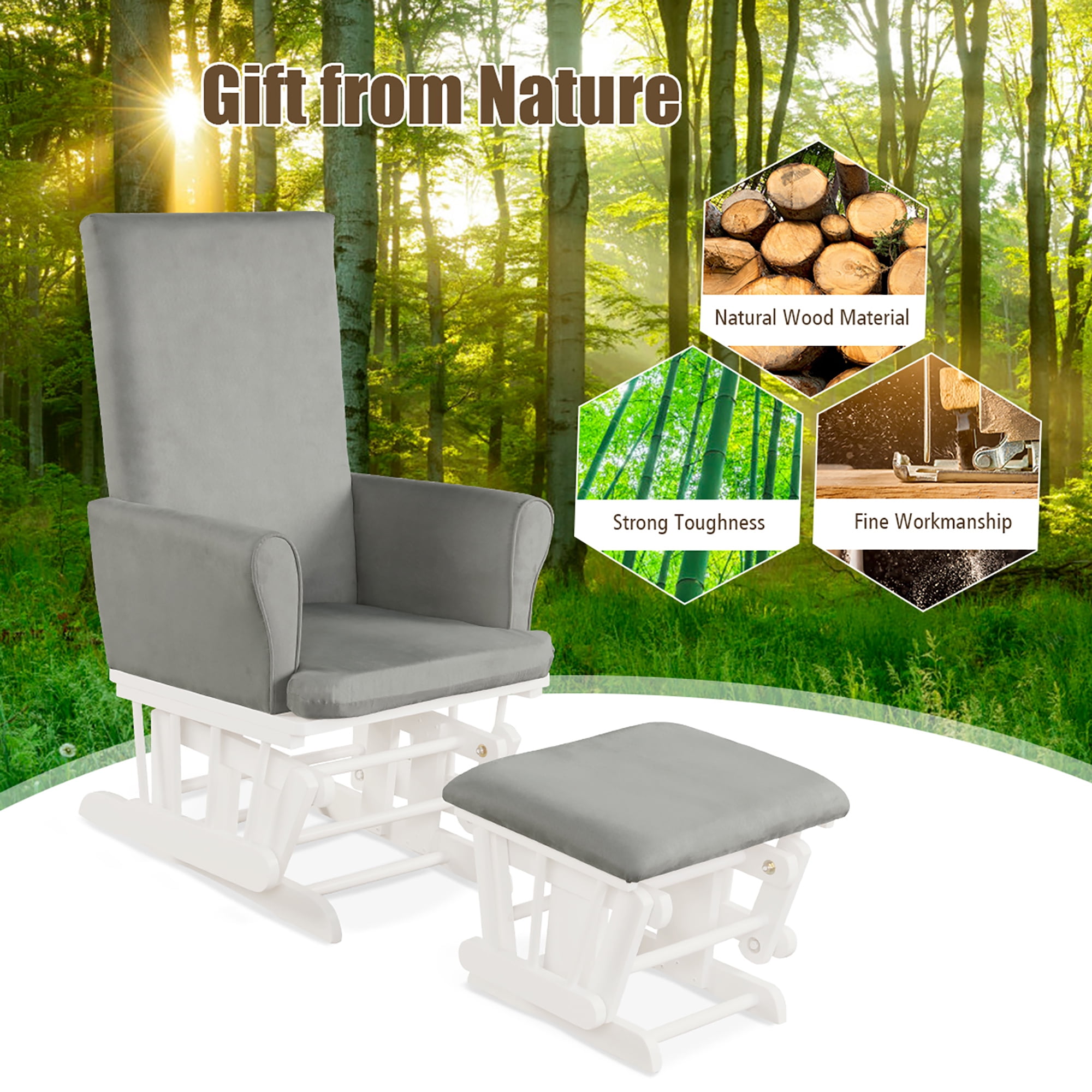 Costway Baby Nursery Relax Rocker Rocking Chair Glider & Ottoman Set w/Cushion 3-6 Years Grey