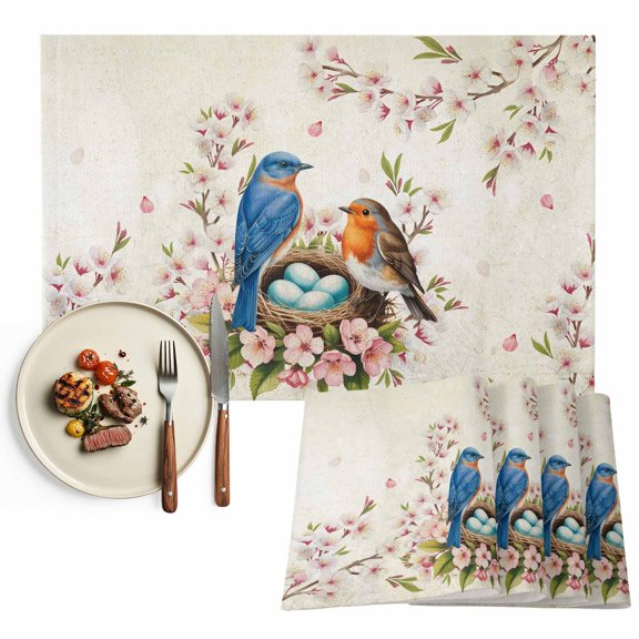 Birds Floral Placemats Set of 6, Farmhouse Vintage Pink Flower Leaf Washable Wipeable Table Mats for Dining Tables, Indoor Outdoor Kitchen Place Mats for Holiday Party Table Decor