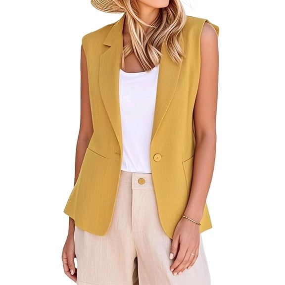 Women's Sleeveless Blazer Vests Oversized Open Front Single Button Lapel Blazer Suit Vest Summer Casual Solid Plus Size Lightweight Business Blazer Jacket