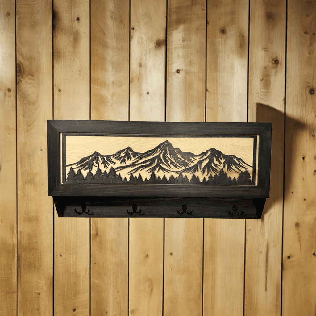 Secure Gun Cabinet with Rustic Mountain Theme Black and Natural Wood Coat Rack