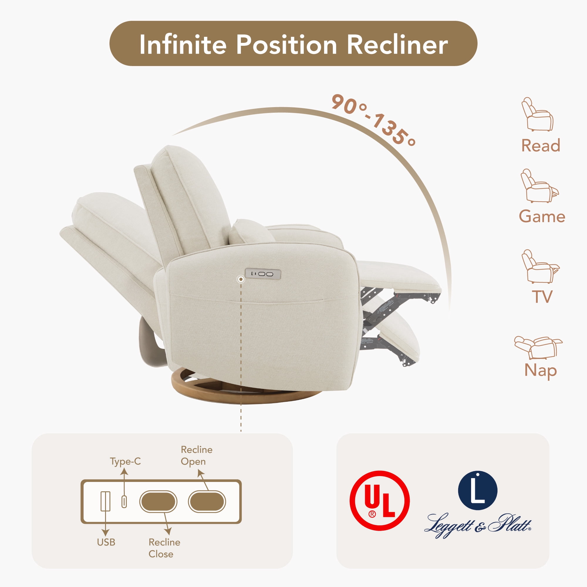 Spruce & Spring Power Swivel Nursery Glider with Lumbar Pillow and Charging Port for Living Room, Linen