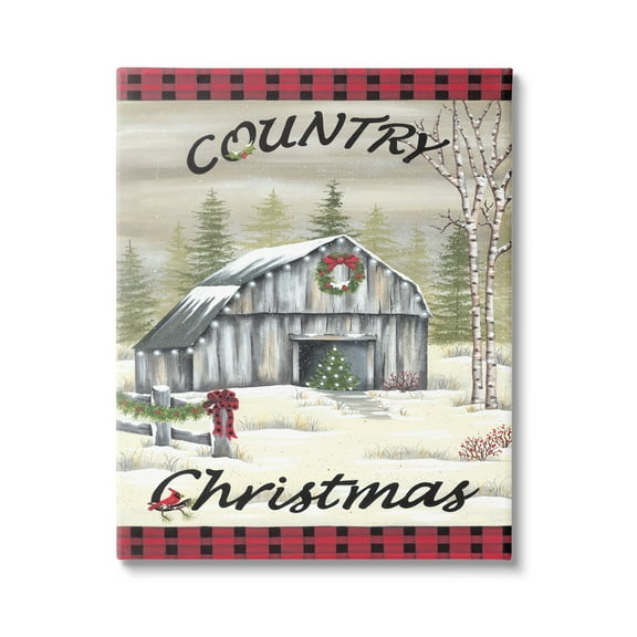 Country Christmas Festive Snowy Farmland Tartan Border Inspirational Graphic Art Gallery-Wrapped Canvas Print Wall Art
