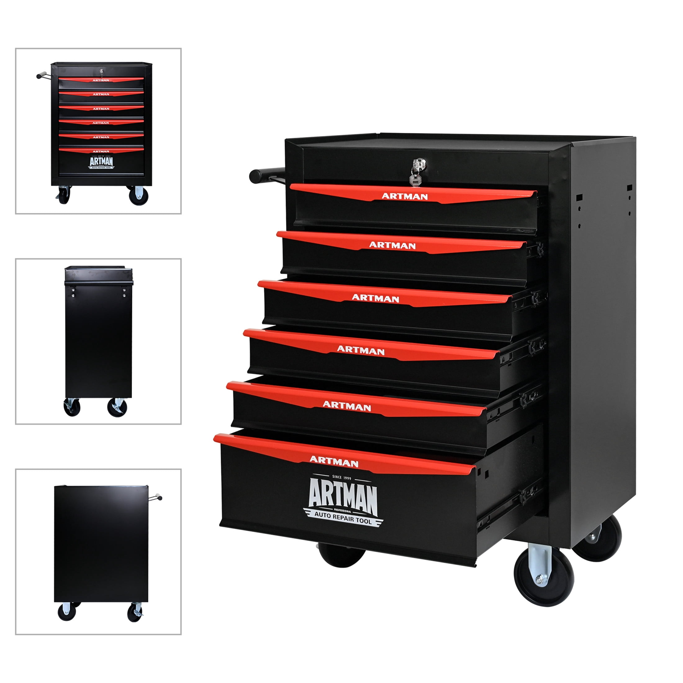 Noble House 6-Drawer Mobile Steel Tool Organizer with Key Lock, Ball Bearing Slide Storage Cabinet Box, Black
