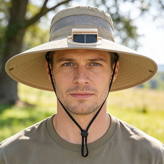 RICHMJ Solar Powered Fan Hat for Men Women, Wide Brim Hat with 1 Fans , For Outdoor Fishing Beach Sun Hat ,Mountaineering,Cycling(Khaki)