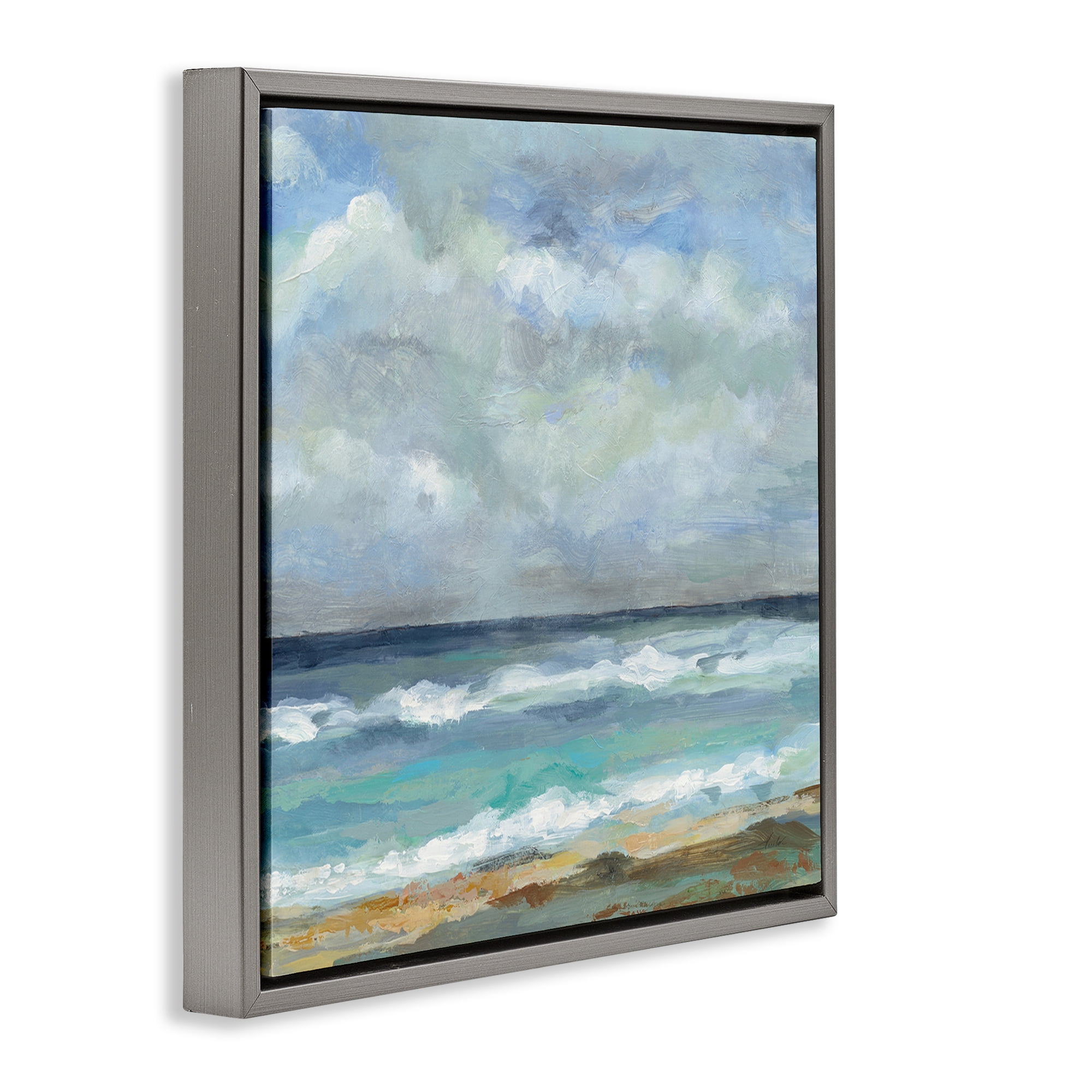 Stupell Industries Summer Seashore Waves Nautical & Beach Painting Gray Floater Framed Canvas Art Print Wall Art, 25 x 25