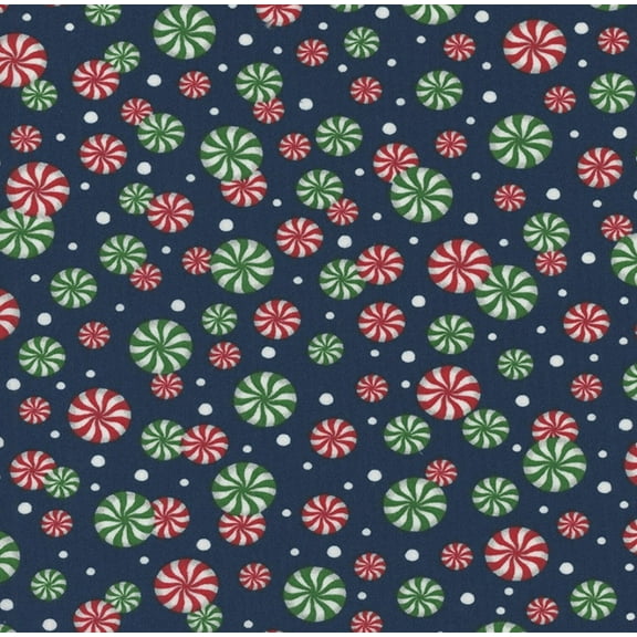 Foust Textiles Tis the Season Christmas Red and Green Peppermints on Blue 100% Cotton Price per Yard