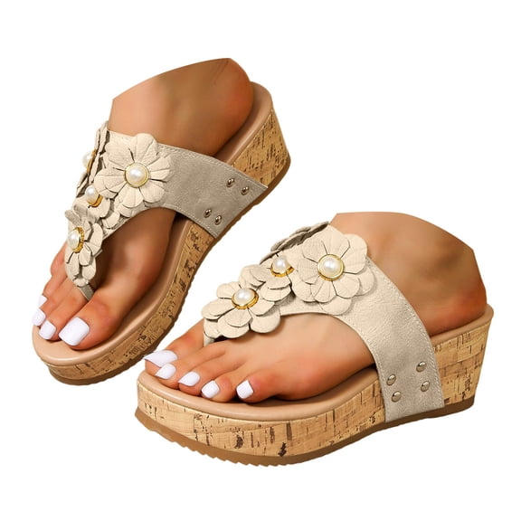 Dakaela Womens Cork Flower Platform Sandals Arch Support Wedge Flip Flops Summer Walking Slip on Shoes