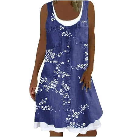 

Patlollav Womens Plus Size Clearance Womens Fashion Casual Round-Neck Floral Print Fake Two-Piece Dress