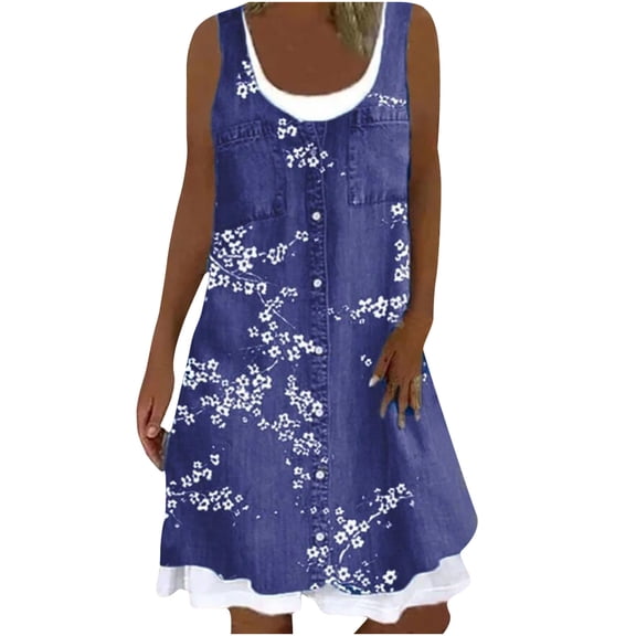 USSUMA Womens Dresses Vacation, Womens Plum Print Dresses Sleeveless Tank Dress Loose Fake Two Piece Vintage Flower Boho Flowy Beach Tshirt Dress
