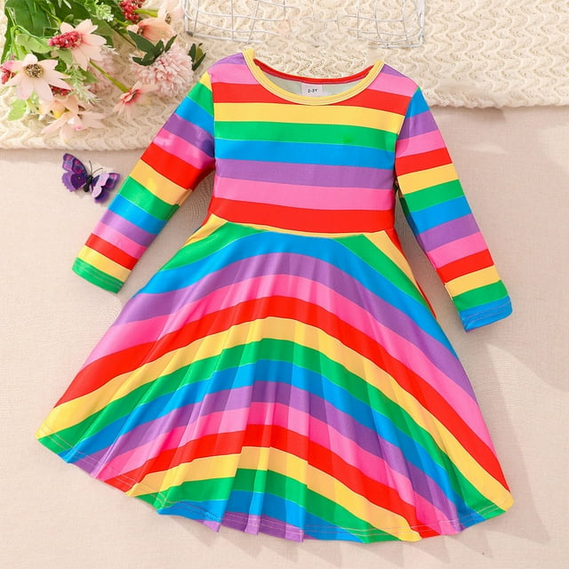 Nrmrqzzcjnd pour la Maison Robe à Manches Volantées pour Enfants Robe à Rayures Arc-en-Ciel à Manches Longues à Col Rond pour Filles 3-7 Ans