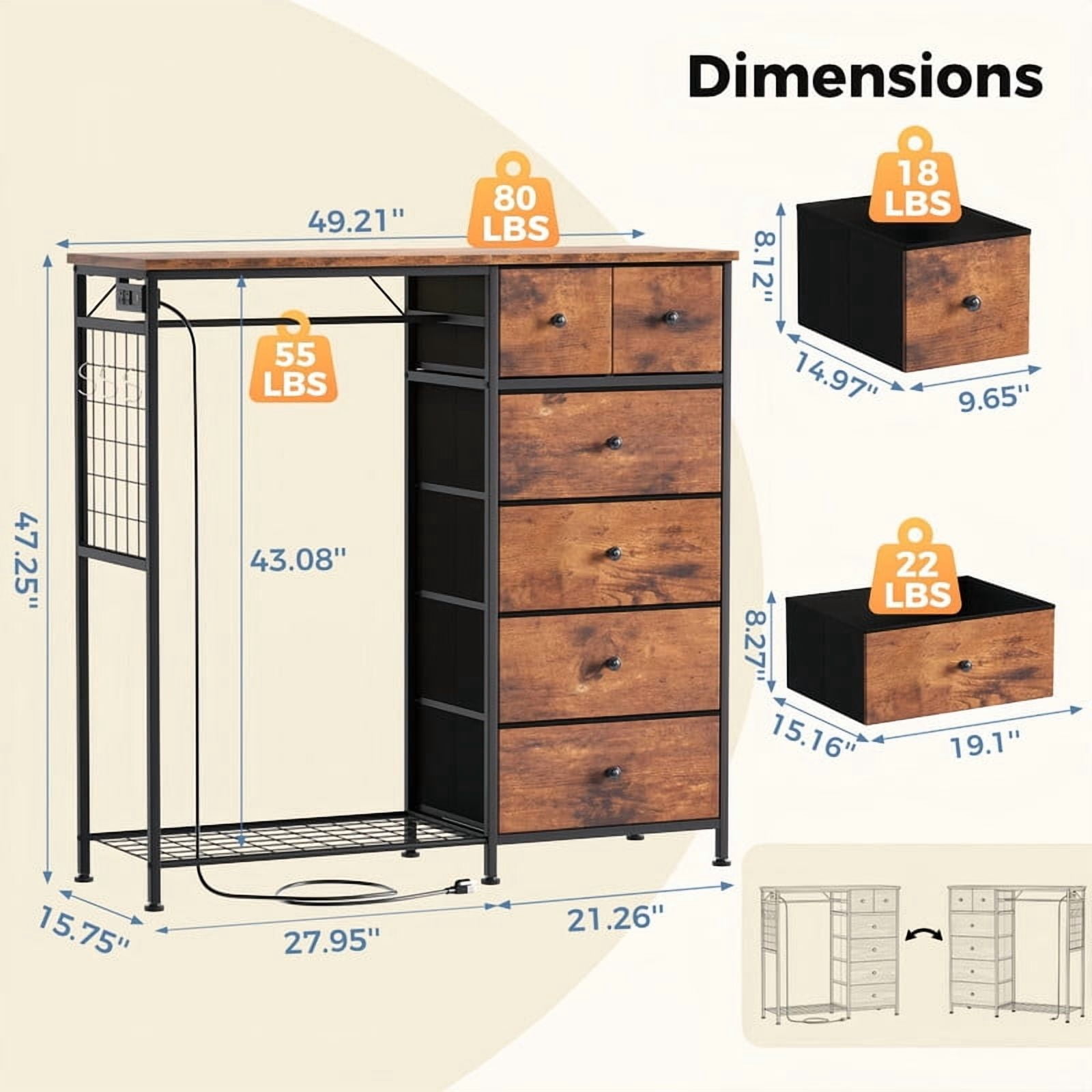 Kelno 6 Drawer Dresser with Hanging Rack LED Lights Charging Station Fabric Closet Organizer Storage Tower, Rustic Brown