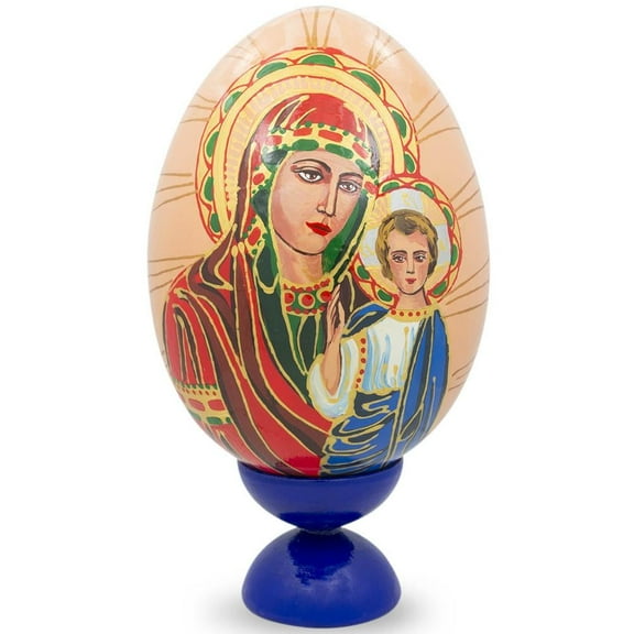 Virgin Mary and Jesus Icon Wooden Easter Egg Figurine 7.25 Inches