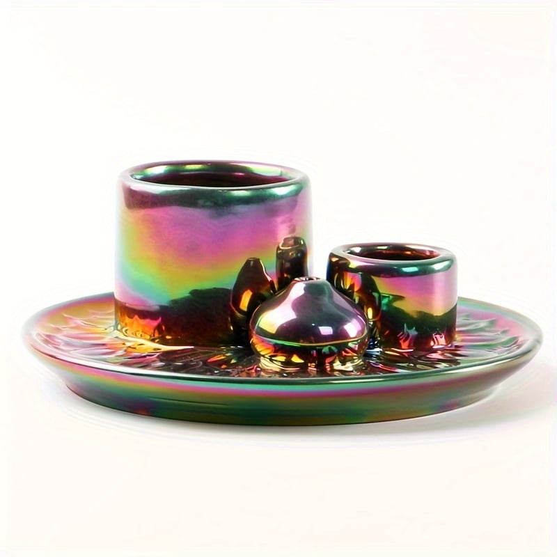 1pc Artistic Ceramic Candle Holder & 4-in-1 Incense Burner - Electroplated Rainbow Finish, Multifunctional Palo Santo & Sage Smudging Kit, Boho Home Decor with Vibrant Iridescent Finish