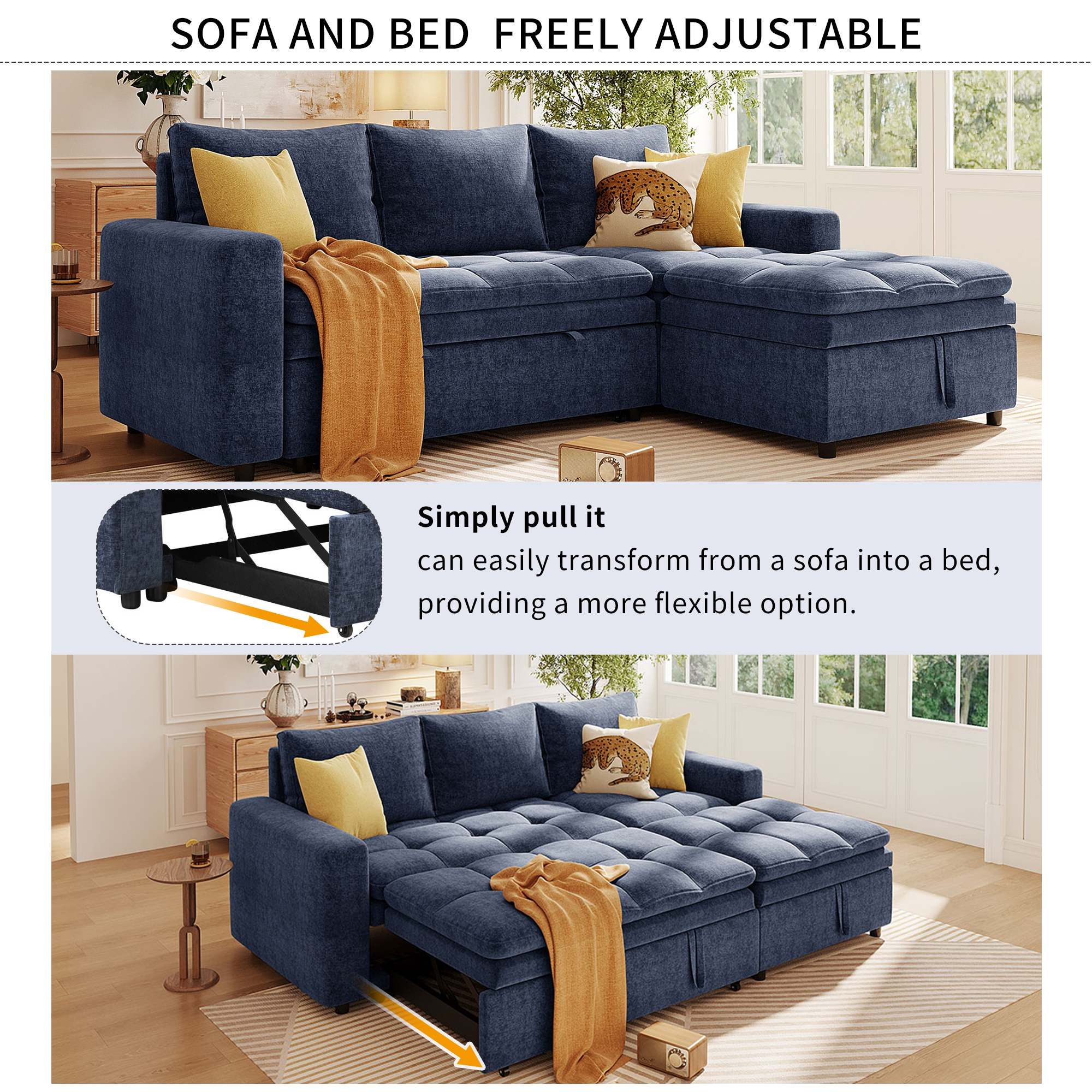 MAYEERTY Soft Upholstered Sectional Sofa Bed - Storage Included, Ideal for Living Rooms/Apartments,Blue