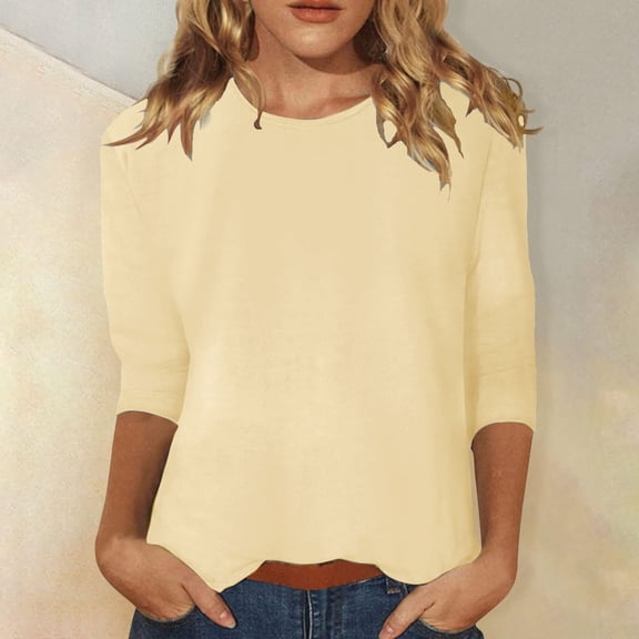 ZHOGXU Ladies T Shirt 3/4 Sleeve Crew Neck Solid Color Fashion Comfortable Lightweight Top For Everyday Wear,Light Yellow,L