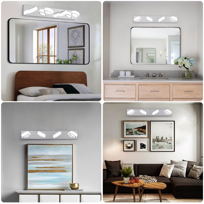 29" Modern Chrome LED Vanity Light - 4-Light Dimmable Bathroom Wall Fixture with 360° Rotatable Arms, 24W 6000K Daylight Mirror Lighting