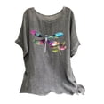 thumbnail image 3 of Back to School Sales BiZtdJrK Womens Short Sleeve Cotton Linen Crew Neck T-Shirts Fashion Dragonfly Print Shirts Casual Loose Fit Blouse Summer Lightweight Beach Tops Gray M, 3 of 8
