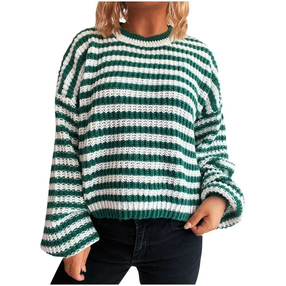 Ounisa Womens Sweaters Striped Color Block Long Sleeve Crewneck Casual Loose Knitted Pullover Shirts Knitted Sweater