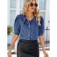 thumbnail image 4 of Womens Denim Shirt Business Casual Button Down Work Blouses Puff Sleeve Summer Tops Blue M, 4 of 9