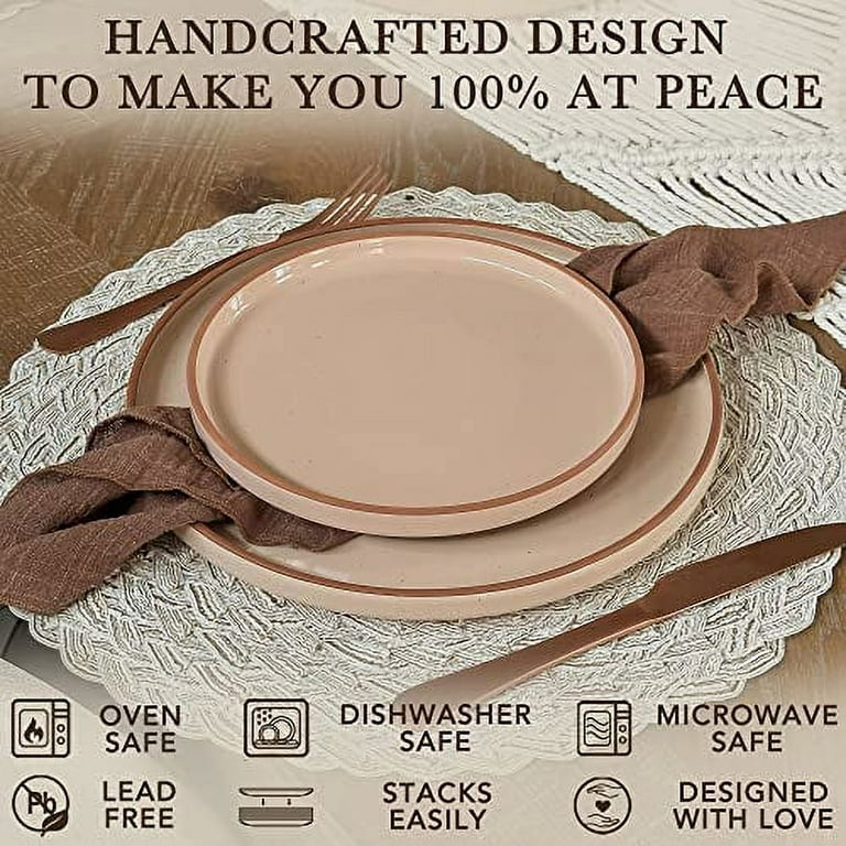 Mora Ceramic Flat Dinner Plates Set of 6, 10.5 in High Edge Dish Set -  Microwave, Oven, and Dishwasher Safe, Scratch Resistant, Modern Dinnerware-  Kitchen Porcelain Serving Dishes - Chai 