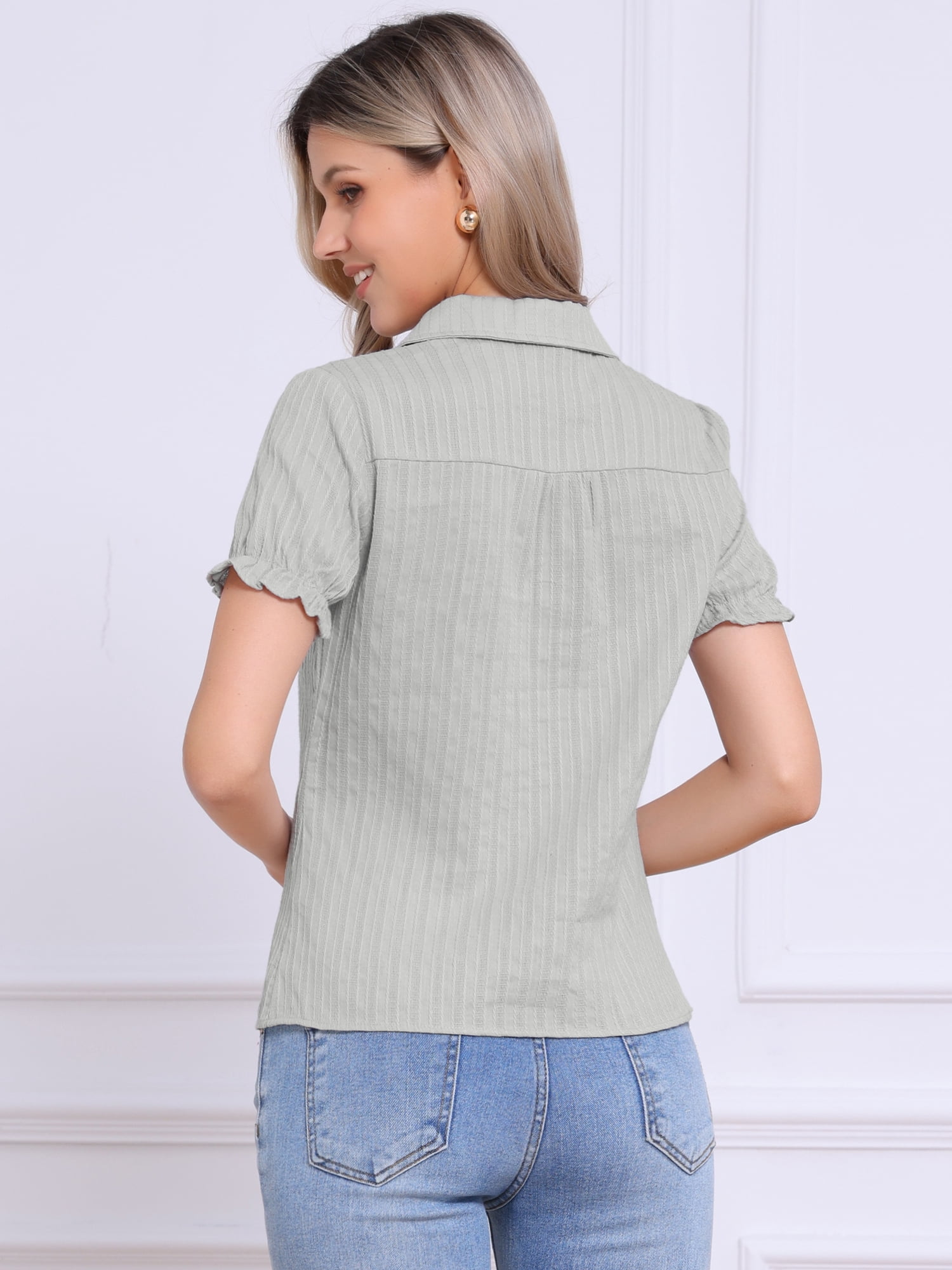 DARING DIVA Women's Collar Shirt Cotton Short Sleeve Button Down Shirt L Light Gray
