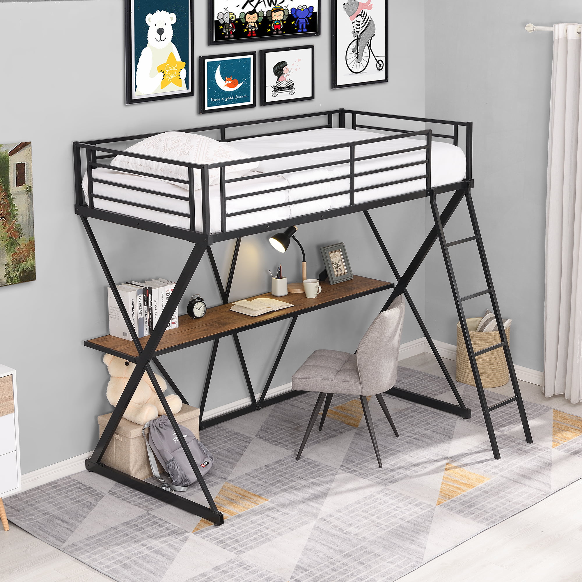 SYNGAR Twin Loft Bed with Desk, Modern Metal Bed Frame with Desk and ...