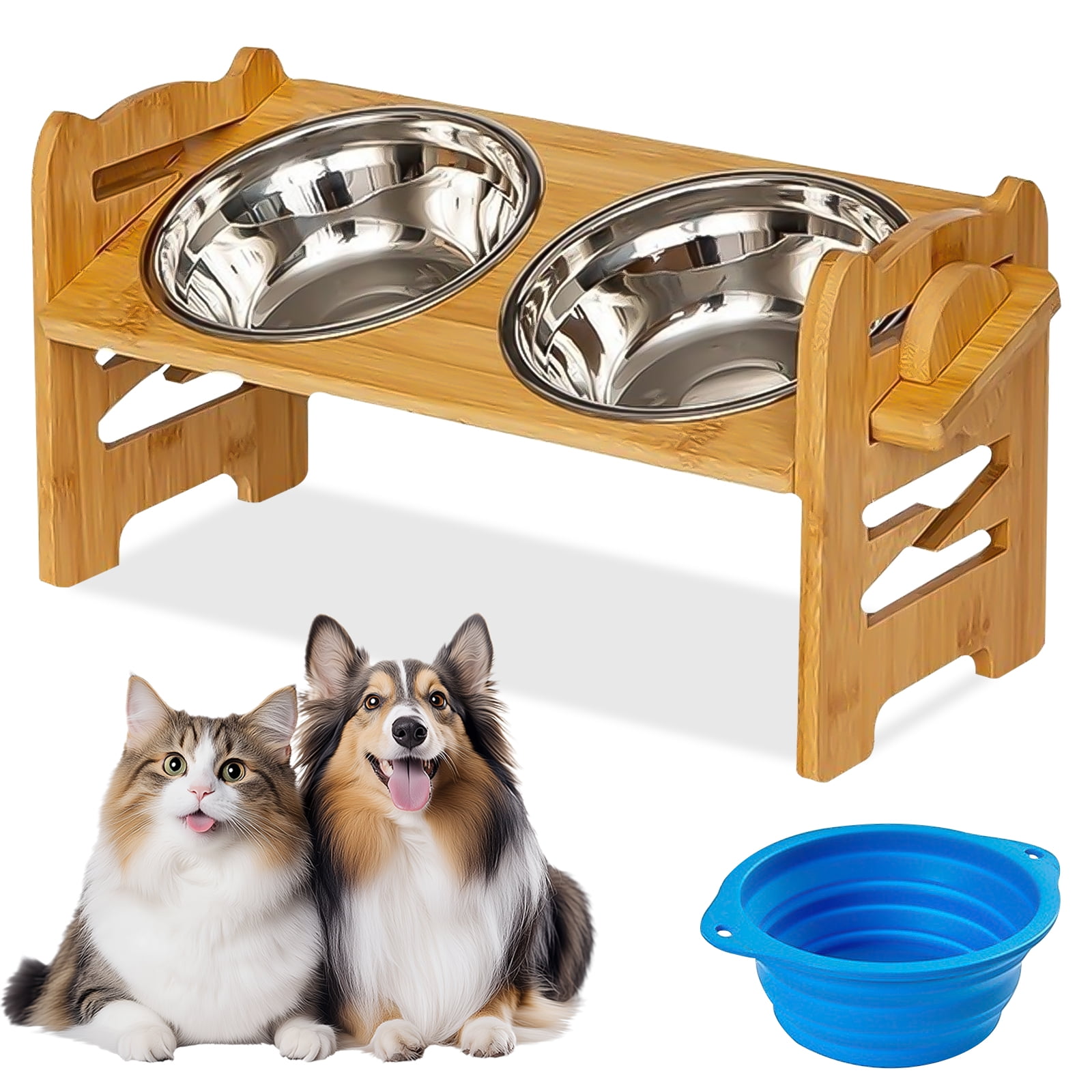 ZYNERY 6 Heights Adjustable Elevated Dog Cat Bowl Stand, 15°Tilt Elevation with 2 Stainless Steel Bowls 1 Folding Bowl and Non-Slip Feet (Adjusts to Heights 2.4"-6.9")