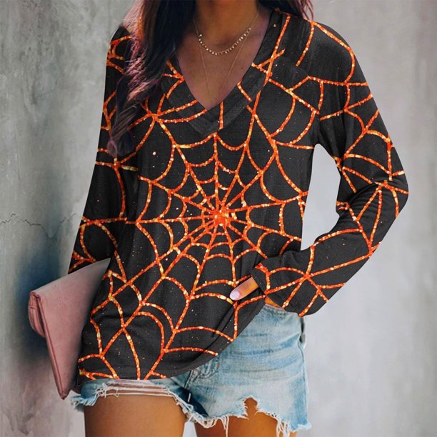 Ailaofu Ladies Long Sleeve Halloween and Christmas Decorative Basic V-Neck Casual Shirt Fashion Tops