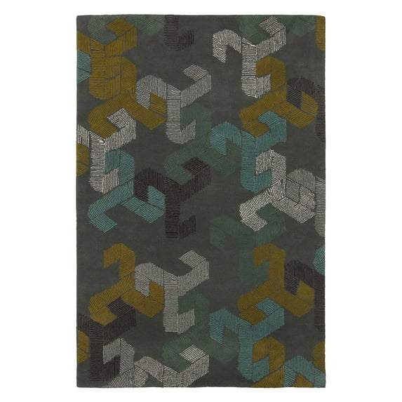 Hand-Tufted Designer Wool Rug 7'9x10'6 Grey/White/Blue/Black/Gold