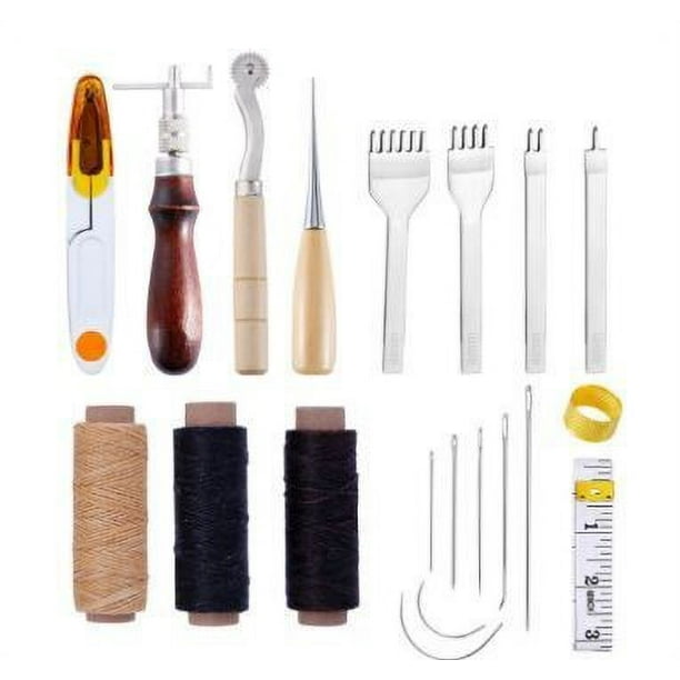Kit de reparación de herramientas de cuero de 18 piezas, hilo encerado artesanal de cuero hecho a mano, 8 colores con agujas de coser, tijeras, cinta métrica para coser cuero, zapatos de cuero, sofá