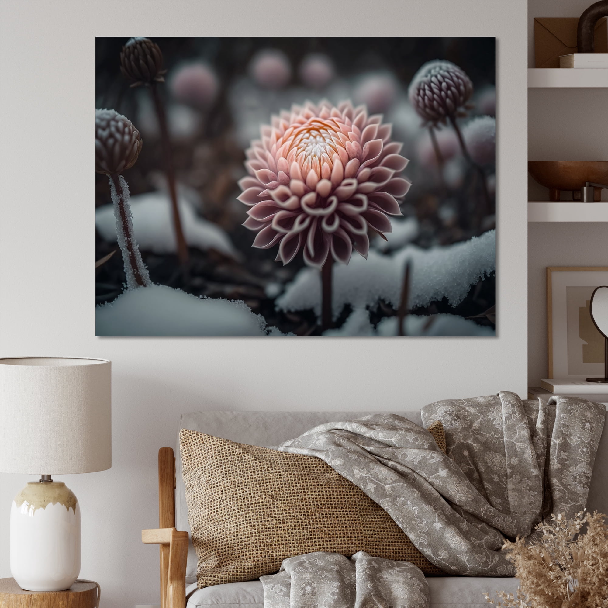 Designart A Blooming Pink Dahlia Flower In Winter II Canvas Wall Art
