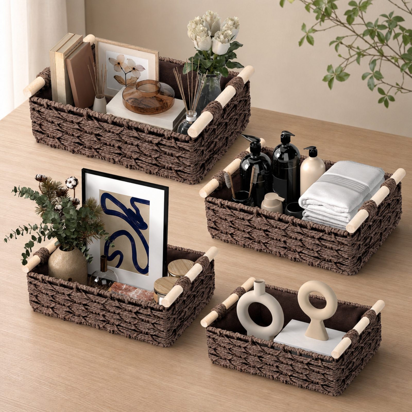 Fenbeli Storage Baskets Set of 4 Foldable Fabric Storage Bins Collapsible Cube Organizers for Shelves and Closet, Beige Brown