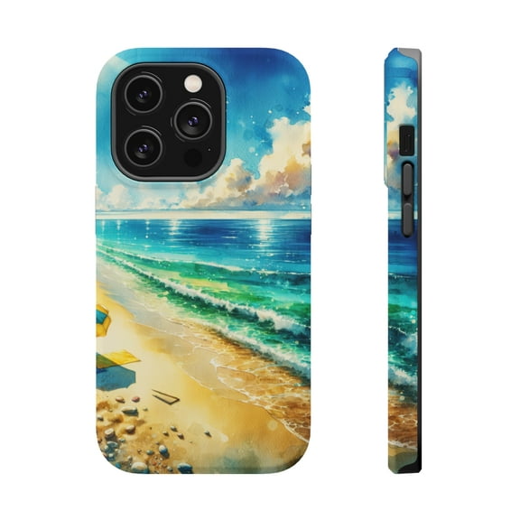 DistinctInk Tough Case for Apple iPhone 14 PRO (6.1" Screen), Compatible with MagSafe Charging - Title: Serene Shoreline: A Beach Oasis