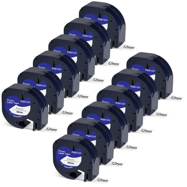 Cinta adhesiva Pristar de 12 mm x 4 m, negro sobre blanco, paquete de 12