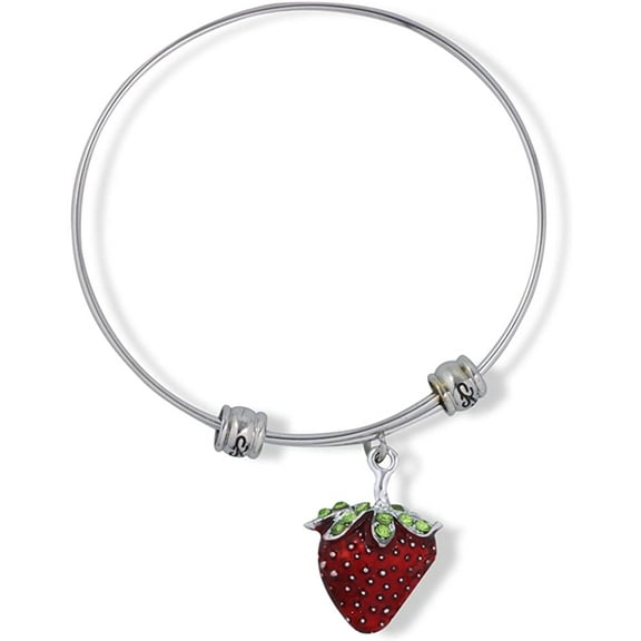 Red Strawberry with Green Leaf and Stem Fancy Charm Bangle