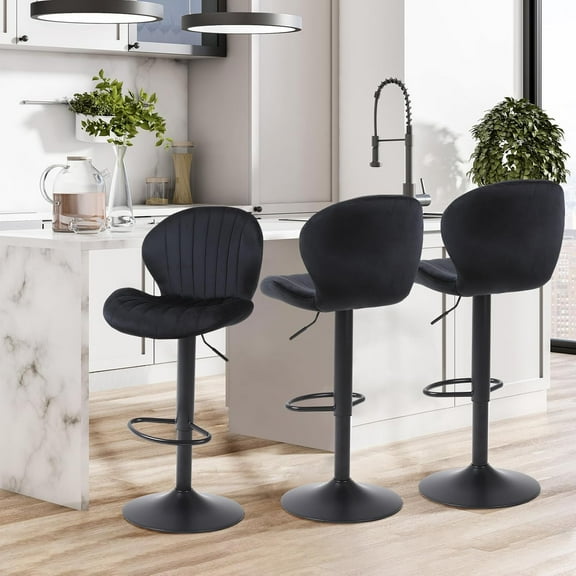 Modern Bar Stools Set of 3, Velvet Height Adjustable Swivel Barstools, Armless Kitchen Island Counter Chairs with Back & Footrest, Black