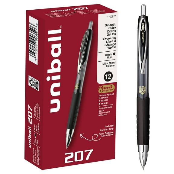 uniball 207 Retractable Gel Pens, Micro Point (0.38mm), Black Ink, 12 Count