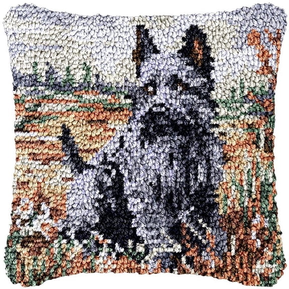 Latch Hook Pillow Cover Kits Scottish Terrier for DIY Needlework Cushion Handmade Rug Cross Stitch Latch Hook Printed Pillowcase Hooking Kits Crochet Yarn Kits Needlework 17'' X 17''